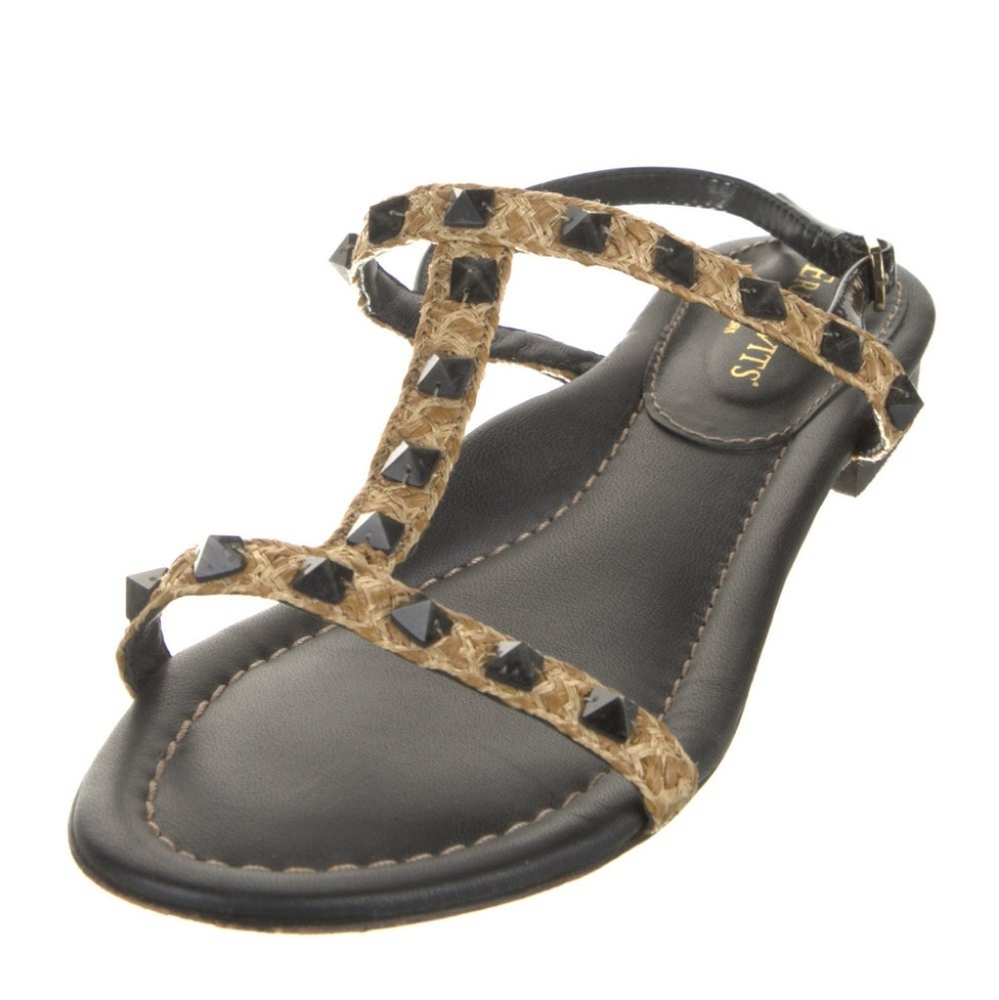 Cric Javits Straw Studded Accents T-Strap Sandals